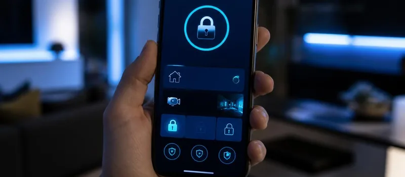 Celular exibindo aplicativo de monitoramento de alarme com ícone de cadeado ativo