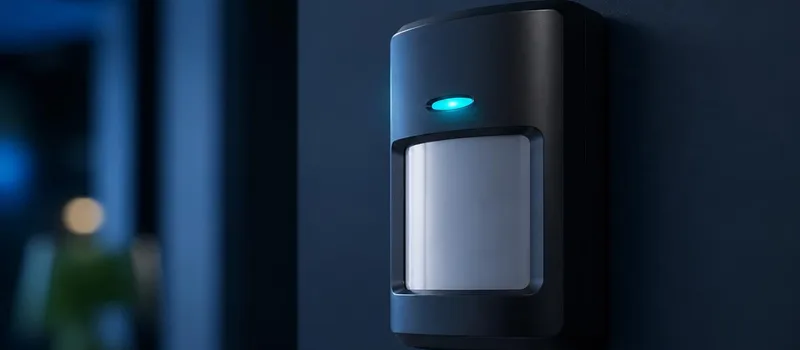 Sensor infravermelho de presença instalado na parede durante a montagem do sistema de alarme