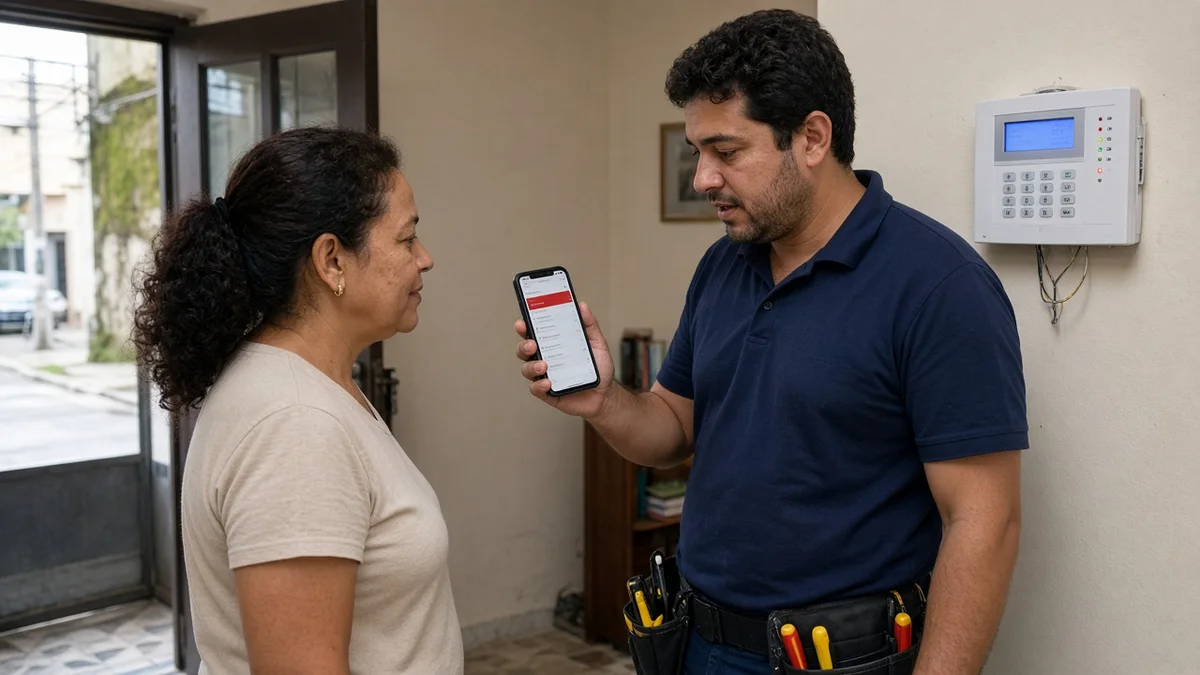 Detalhe prático: cliente e tecnico comparam painel de alarme e notificacao no celular, com técnico em uniforme e ferramentas visíveis na instalação.
