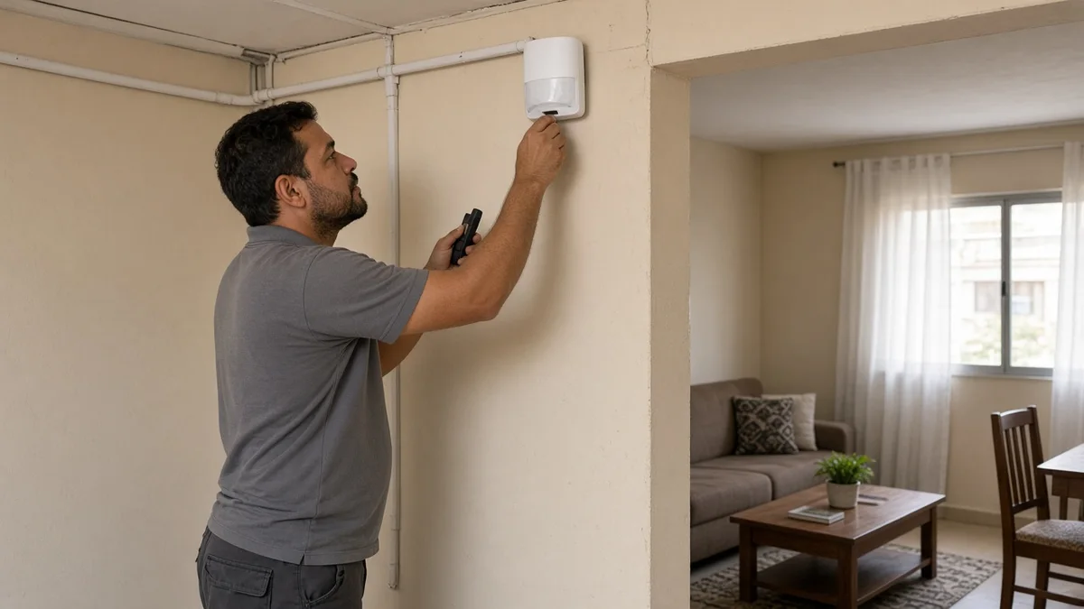 Detalhe prático: tecnico ajusta sensor de movimento para reduzir falso alarme na sala, com técnico em uniforme e ferramentas visíveis na instalação.