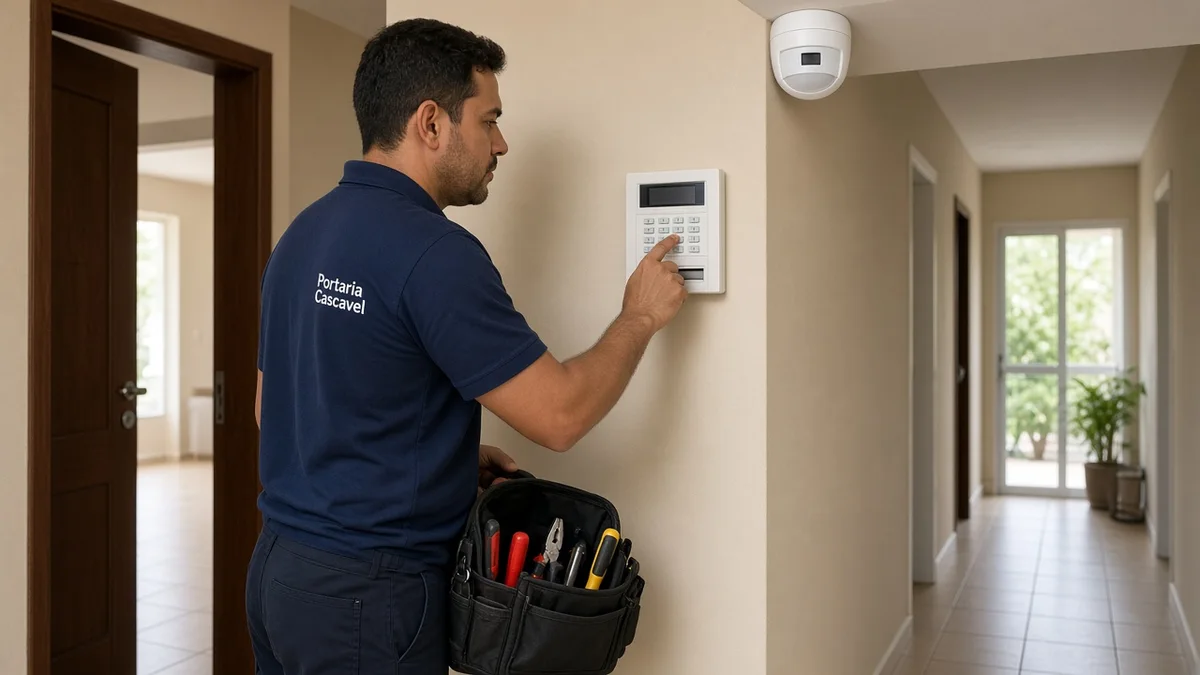 Técnico testa o fluxo de disparo do alarme residencial, conferindo sensor e resposta da central em residência brasileira.