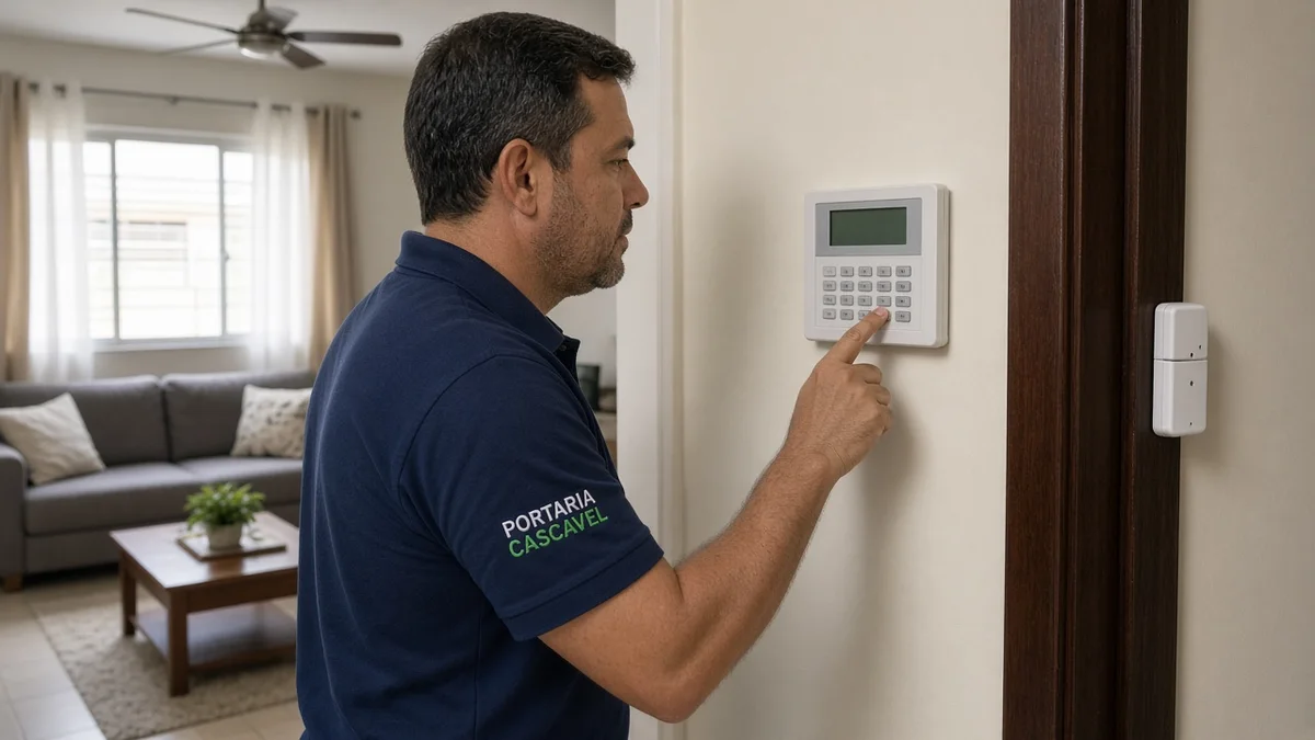 Técnico Portaria Cascavel explica o teclado da central de alarme residencial na parede, com sensor de porta visível ao fundo.