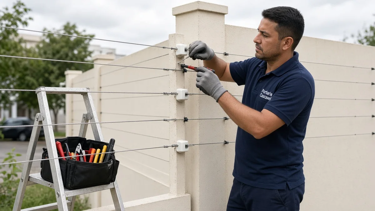 Detalhe prático de a Importância da Instalação Profissional para a Segurança e Eficácia, com mãos ou técnico em residência brasileira e ferramentas visíveis.