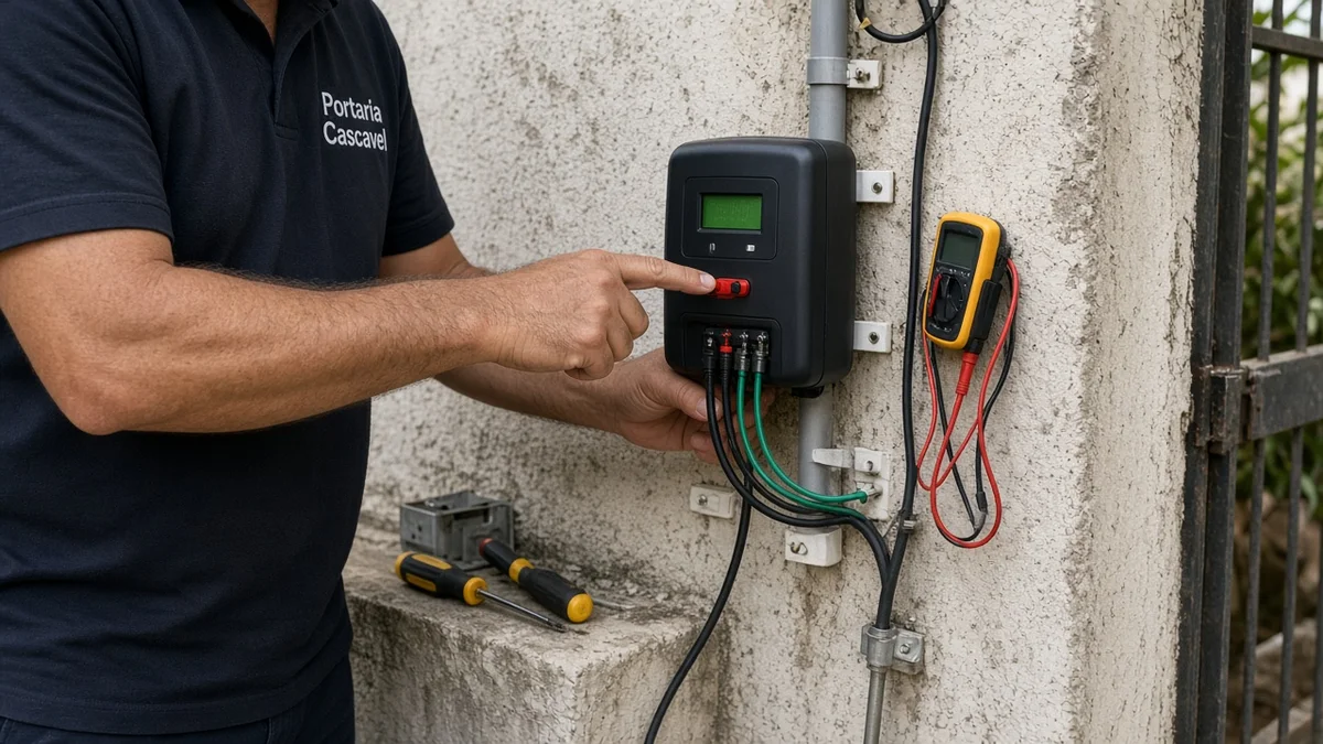 Detalhe prático de como o Choque da Cerca Elétrica é Gerado e Entregue, com mãos ou técnico em residência brasileira e ferramentas visíveis na instalação.