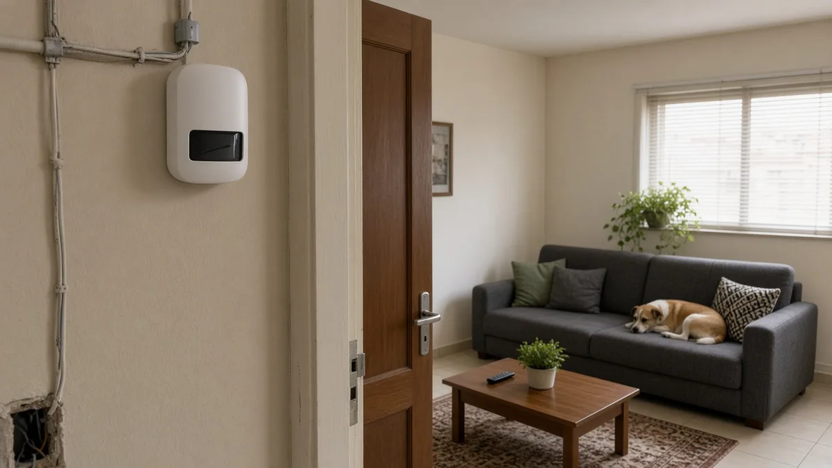 Detalhe prático: sensor de presenca acima da porta com sofa e animal de estimacao ao fundo, com técnico em uniforme e ferramentas visíveis na instalação.
