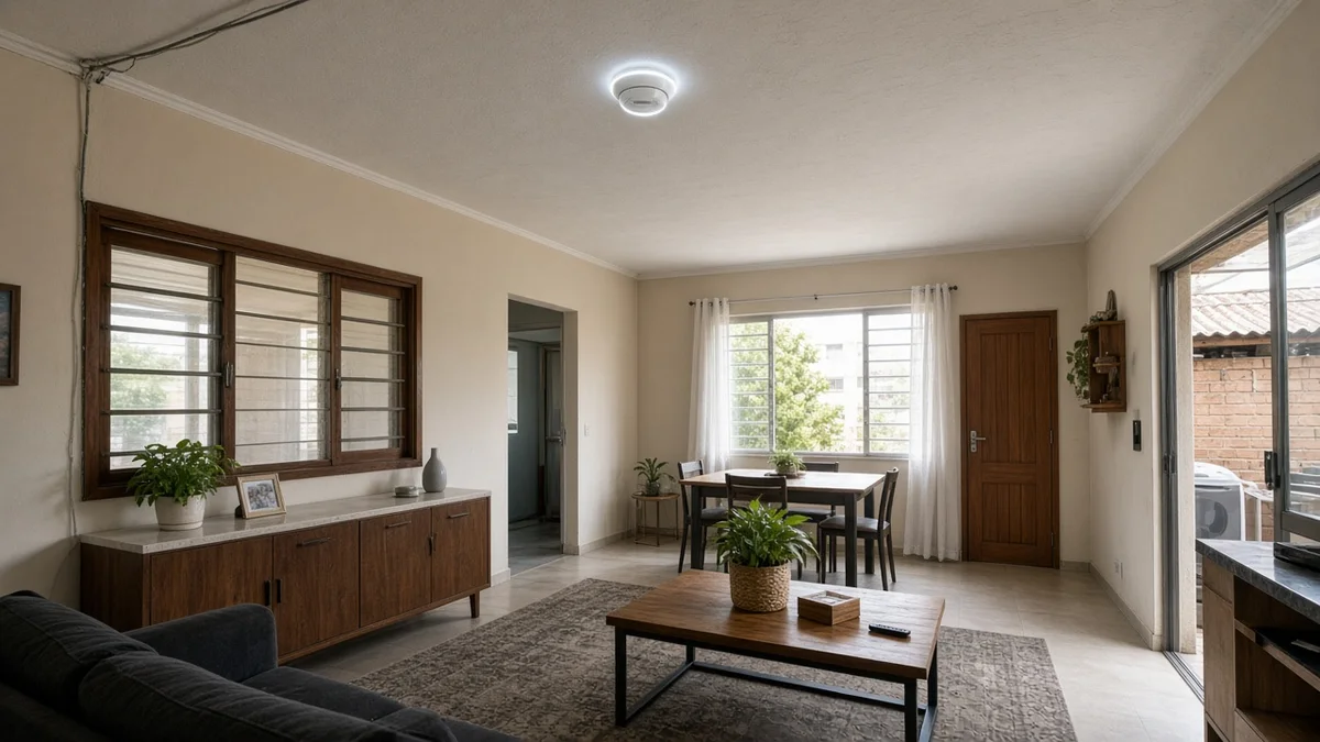 Técnico em serviço: sensor de presenca no canto do teto com led e cobertura da sala residencial, em residência brasileira urbana com luz natural.