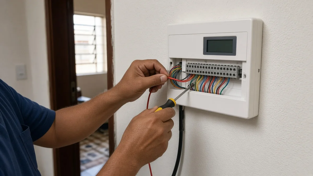 Detalhe prático: fio do sensor chega aos bornes da central de alarme no quadro da parede, com técnico em uniforme e ferramentas visíveis na instalação.