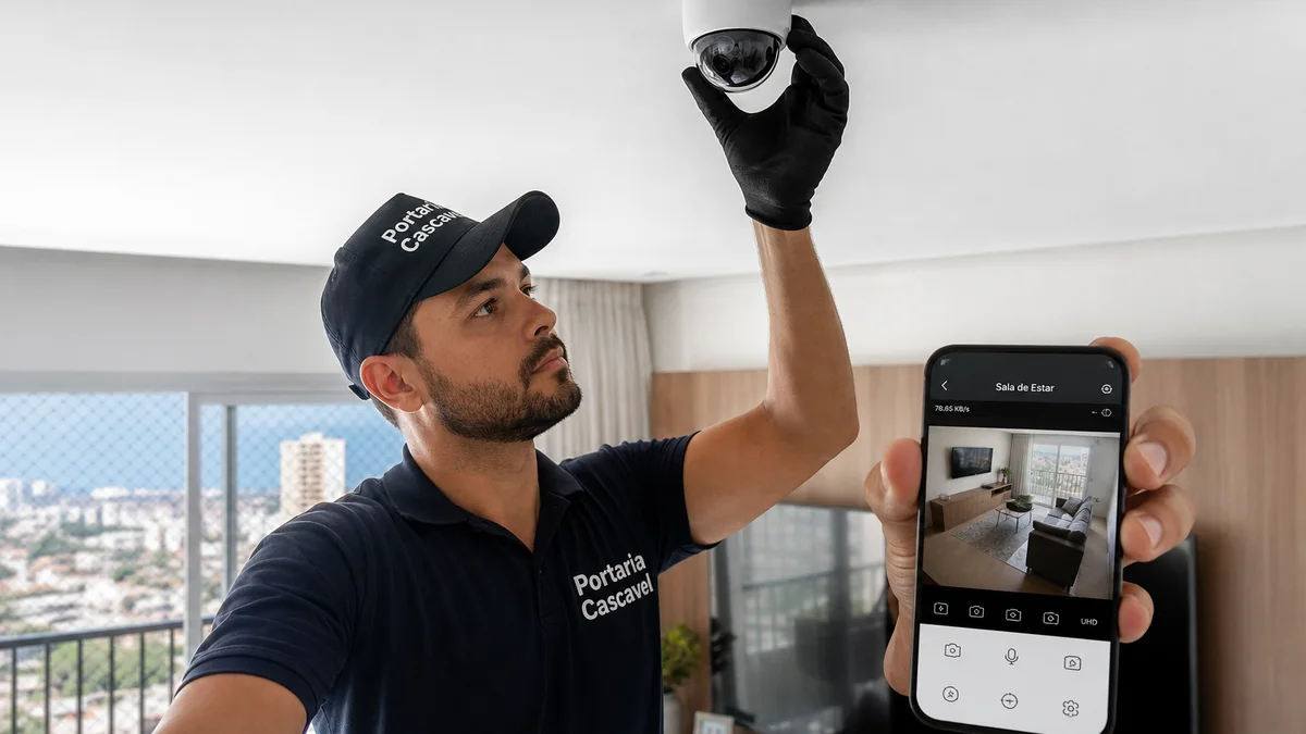 Técnico ajusta câmera dome IP no teto de sala residencial brasileira em Cascavel, com lente voltada à porta e smartphone exibindo imagem ao vivo no app.