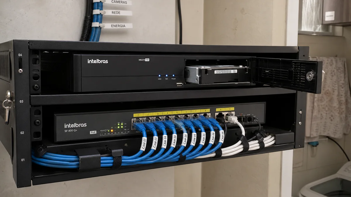 Gravador NVR com HD interno e cabos de rede organizados em rack compacto de segurança residencial, etiquetas de câmeras IP na parte frontal.