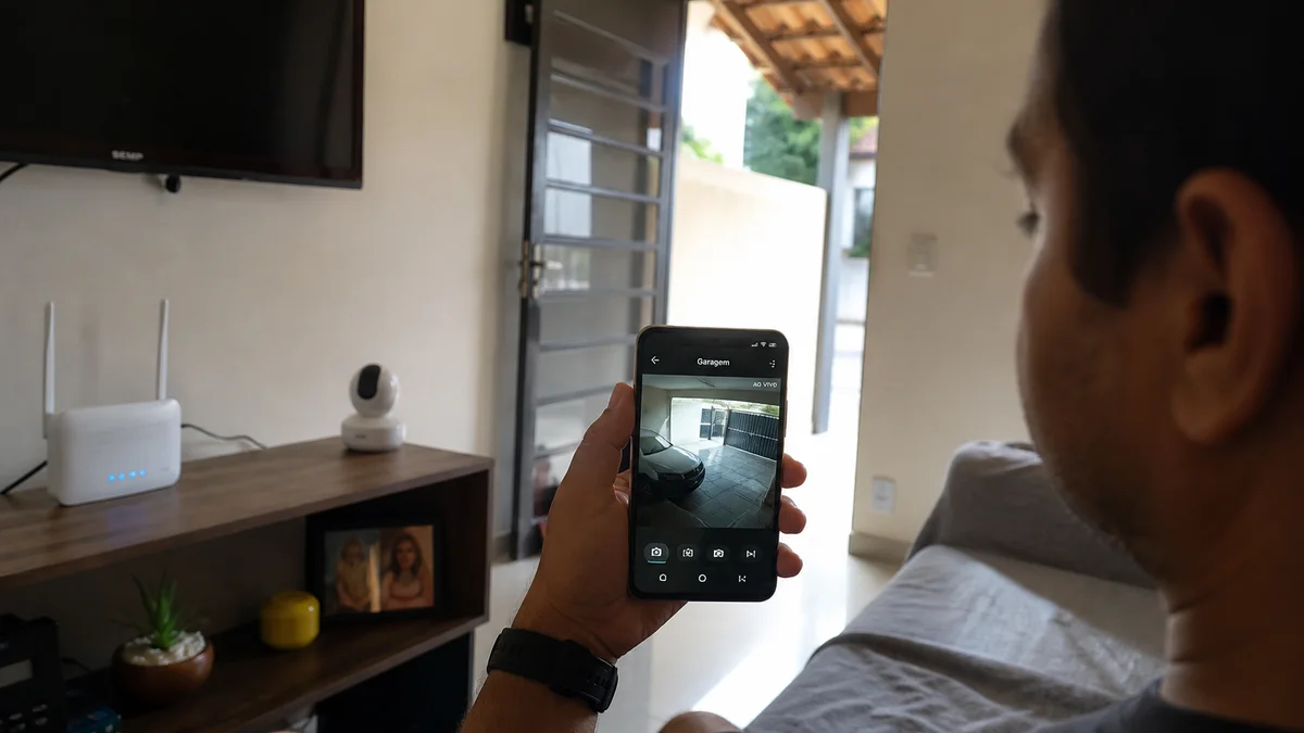 Pessoa segura smartphone com aplicativo de câmera Wi-Fi exibindo garagem residencial ao vivo, roteador e câmera IP visíveis ao fundo na sala.