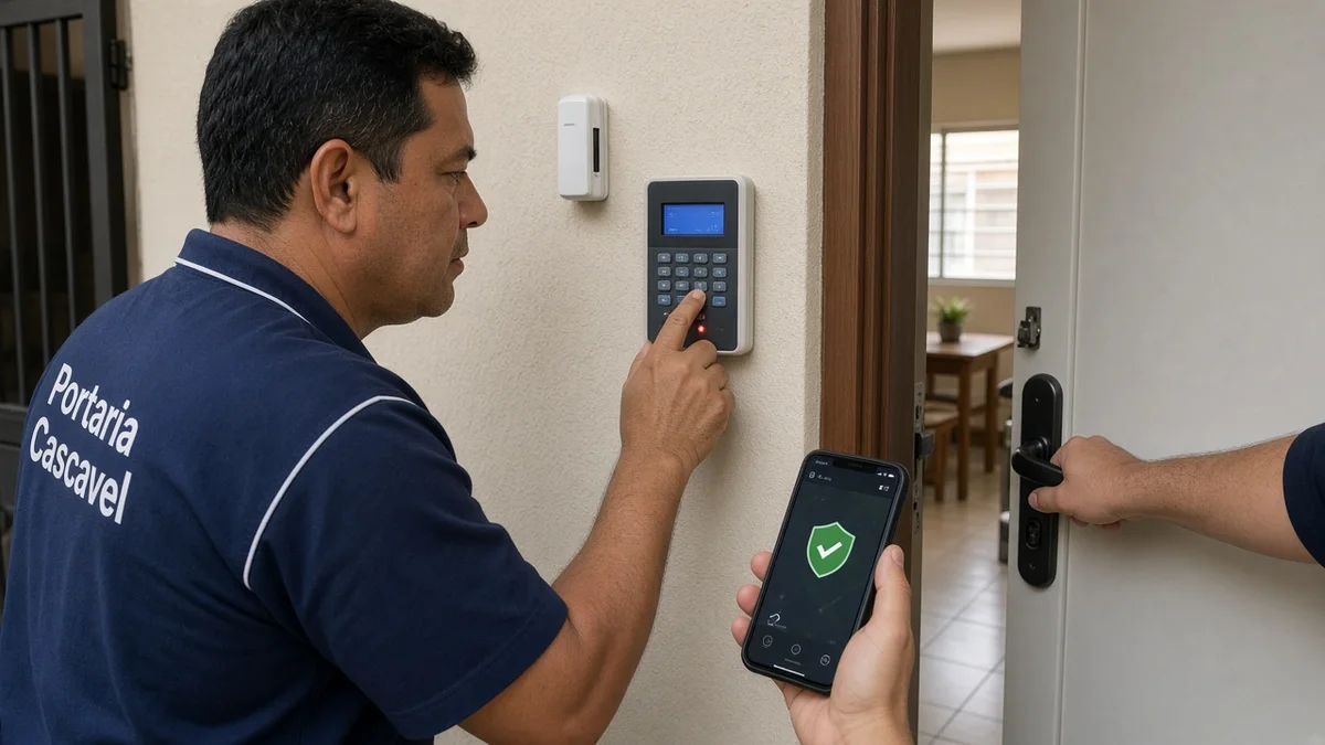 Técnico Portaria Cascavel testa o painel do alarme residencial e abre a porta ao lado para validar o sensor de abertura após a montagem em ambiente residencial.