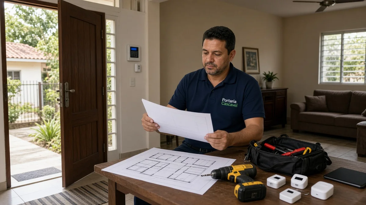 Técnico Portaria Cascavel planeja a instalação de alarme residencial na sala, com central, sensores e ferramentas alinhadas sobre a mesa de trabalho.