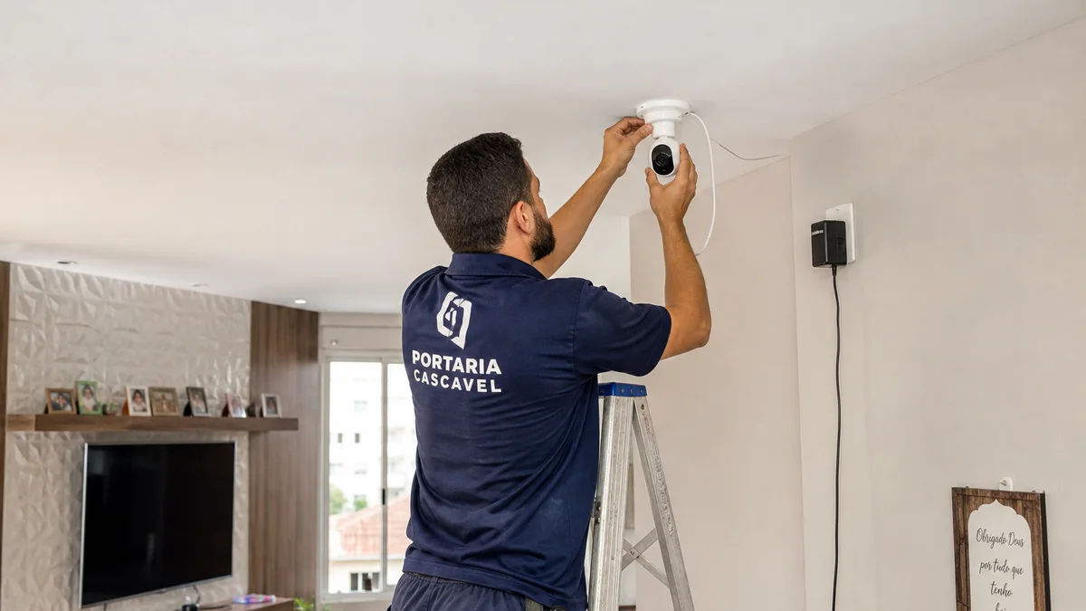 Técnico com uniforme Portaria Cascavel fixa câmera Wi-Fi no teto de sala residencial brasileira, com furadeira e fonte bivolt na tomada próxima.