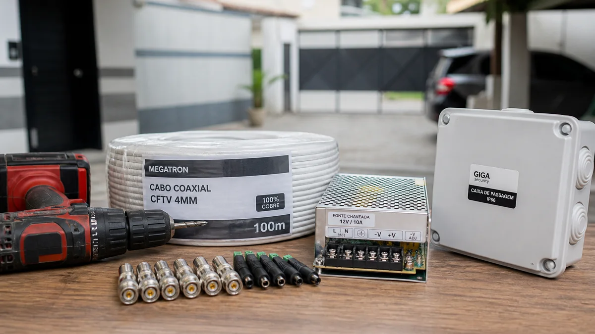 Bancada com furadeira, conectores BNC e P4, rolo de cabo coaxial e fonte 12V para instalação de câmera de segurança em projeto residencial brasileiro.