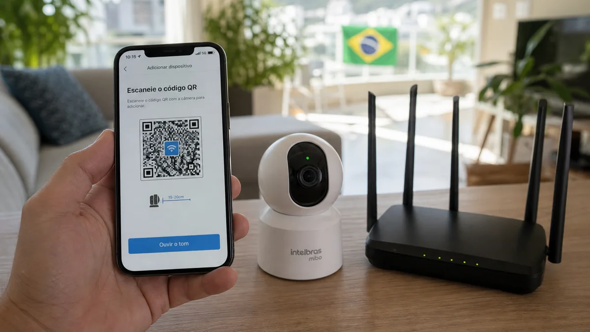 Pessoa segura smartphone com aplicativo de câmera Wi-Fi aberto para pareamento por código QR, com câmera IP e roteador visíveis na sala residencial brasileira.