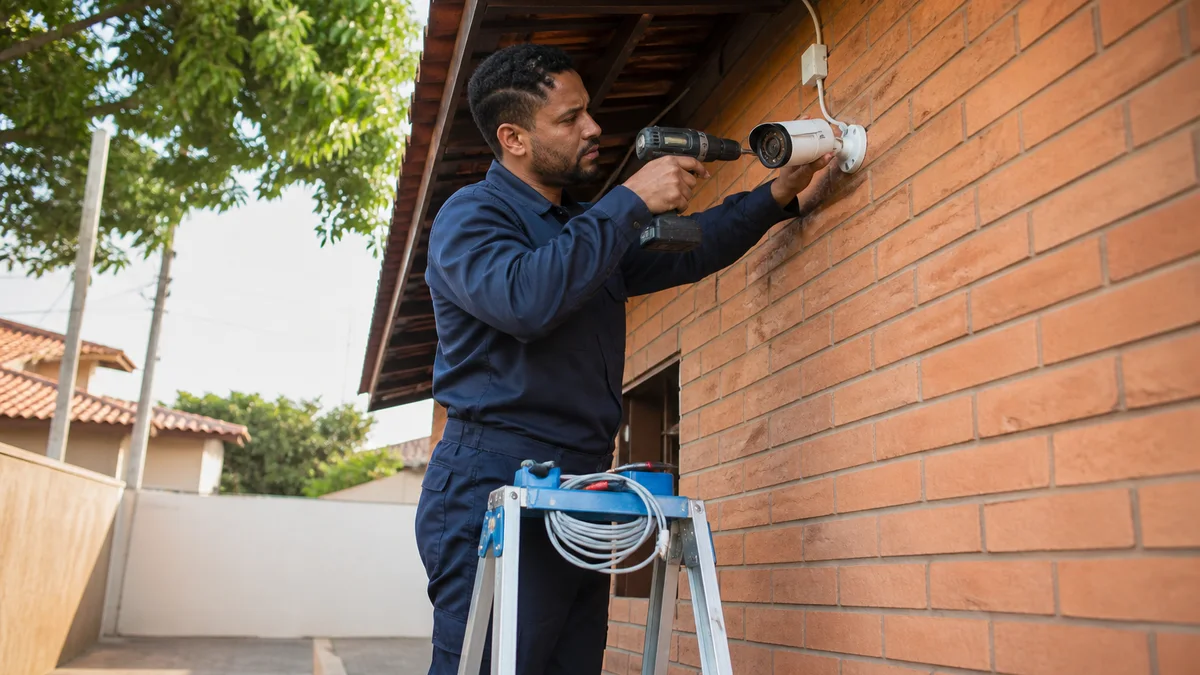 Técnico com uniforme Portaria Cascavel fixa câmera bullet em suporte na parede externa de residência brasileira, com furadeira e cabos de vídeo na altura ideal.