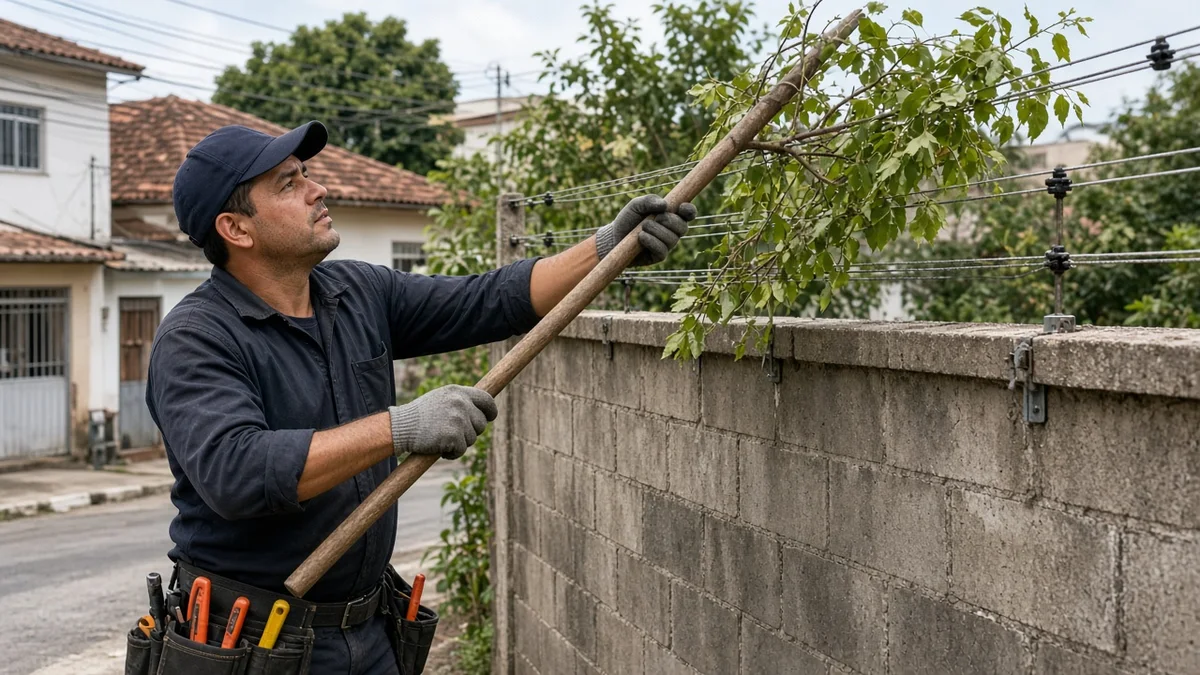 Técnico remove galho encostado nos fios da cerca elétrica sobre o muro de alvenaria residencial brasileiro, com tesoura e ferramentas à vista.