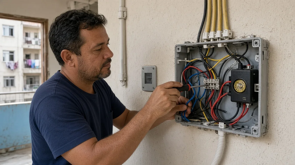Detalhe prático: mao liga cabos do eletroima na fonte 12v com chave de fenda na caixa de passagem, com técnico em uniforme e ferramentas visíveis na instalação.
