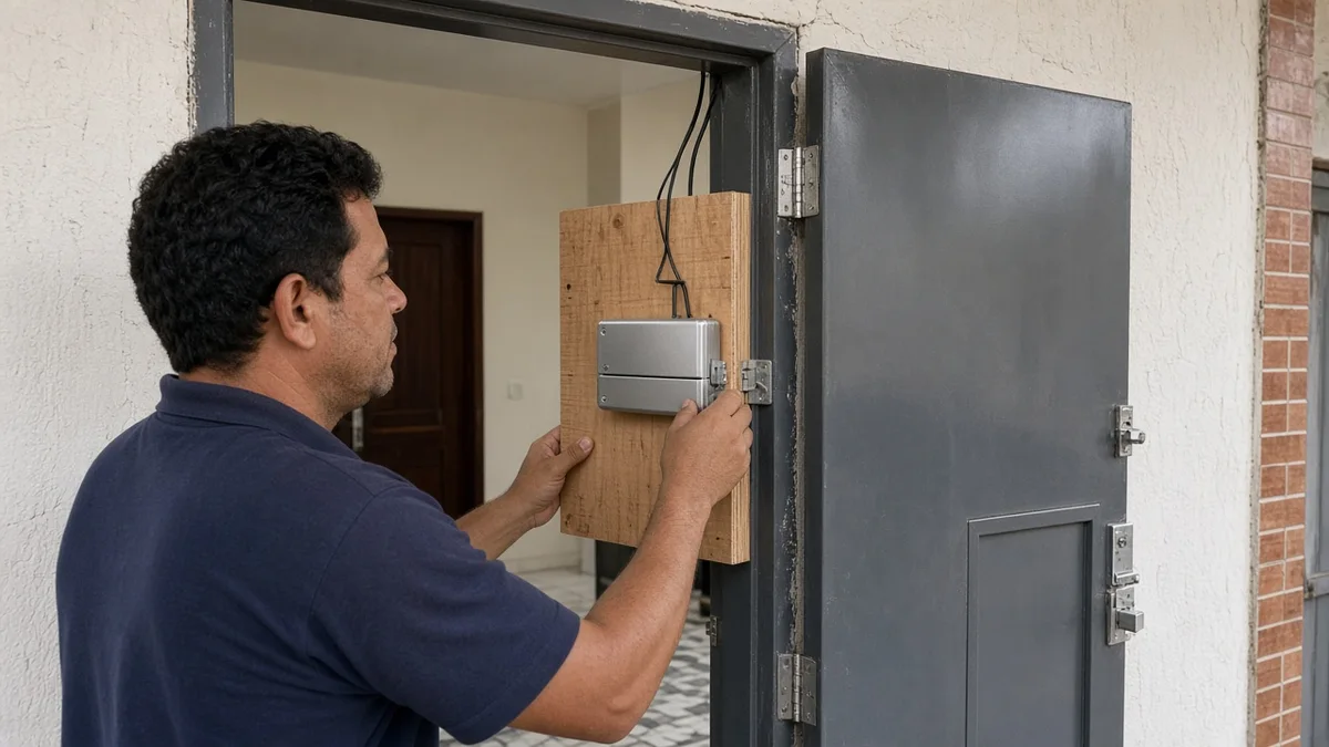 Detalhe prático: tecnico alinha contra-placa no batente frente ao eletroima da porta de metal, com técnico em uniforme e ferramentas visíveis na instalação.