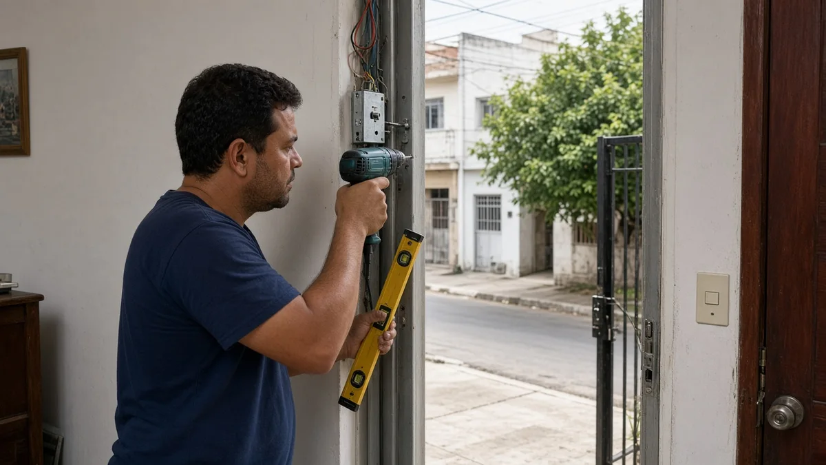 Técnico em serviço: tecnico fixa eletroima na moldura da porta com furadeira e nivel na entrada diurna, em residência brasileira urbana com luz natural.