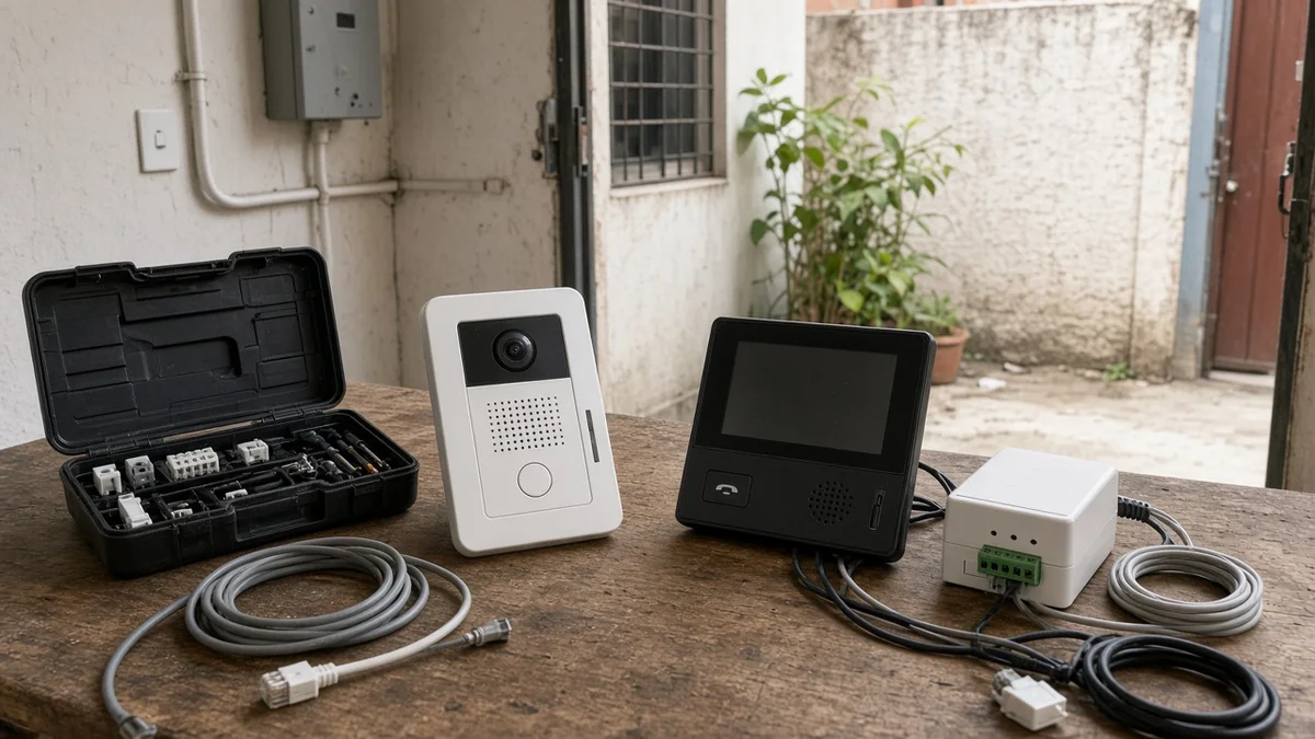 Detalhe prático: kit monofone placa externa fonte e cabos organizados na bancada de instalacao, com técnico em uniforme e ferramentas visíveis na instalação.