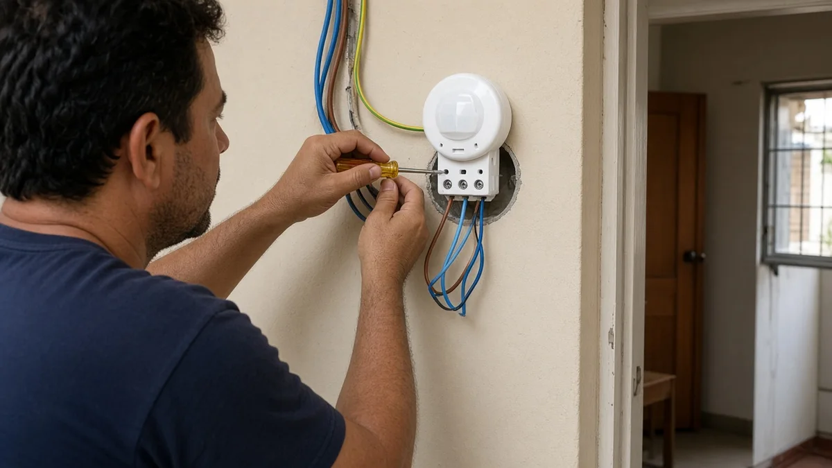 Detalhe prático: maos conectam fios fase neutro retorno nos bornes do sensor de presenca, com técnico em uniforme e ferramentas visíveis na instalação.