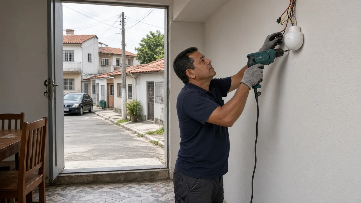 Técnico em serviço: tecnico fixa sensor de presenca na parede com furadeira e fios a vista, em residência brasileira urbana com luz natural.