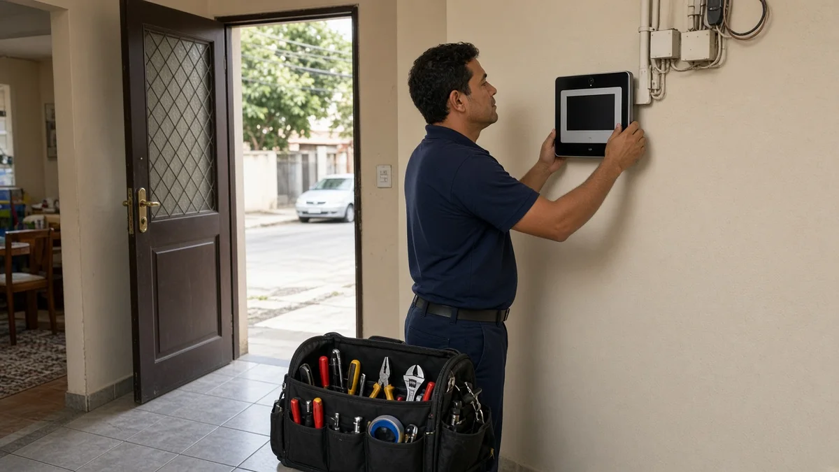 Técnico em serviço: tecnico fixa monitor de videoporteiro na parede interna com ferramentas a vista, em residência brasileira urbana com luz natural.
