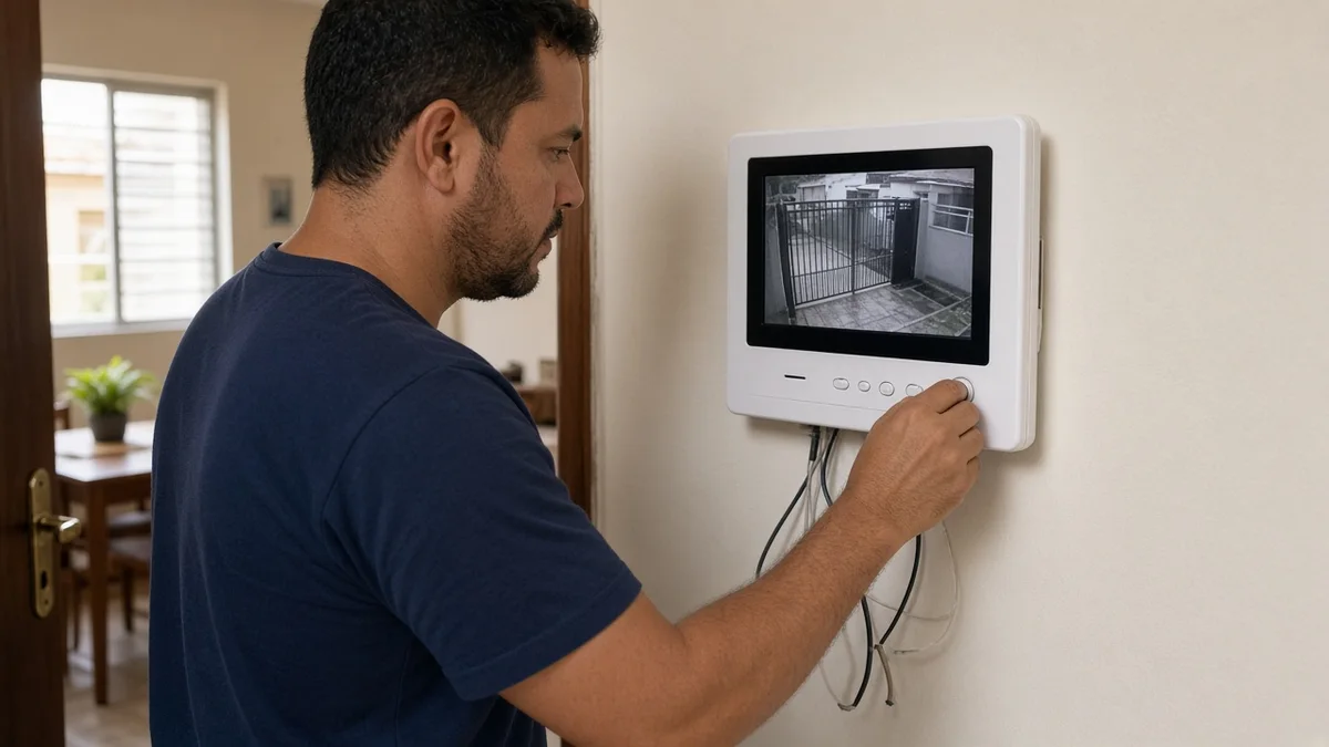 Detalhe prático: tecnico testa imagem e audio do videoporteiro no monitor interno residencial, com técnico em uniforme e ferramentas visíveis na instalação.