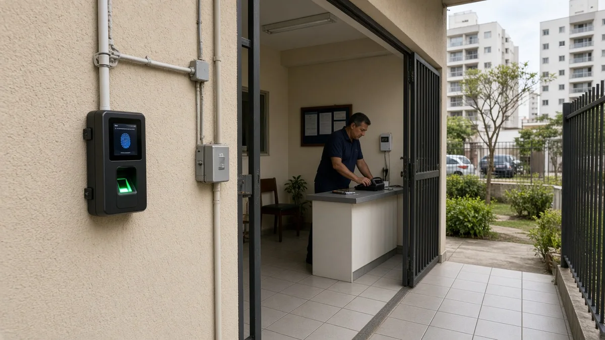 Técnico em serviço: leitor biometrico de impressao digital na entrada do condominio brasileiro diurno, em residência brasileira urbana com luz natural.