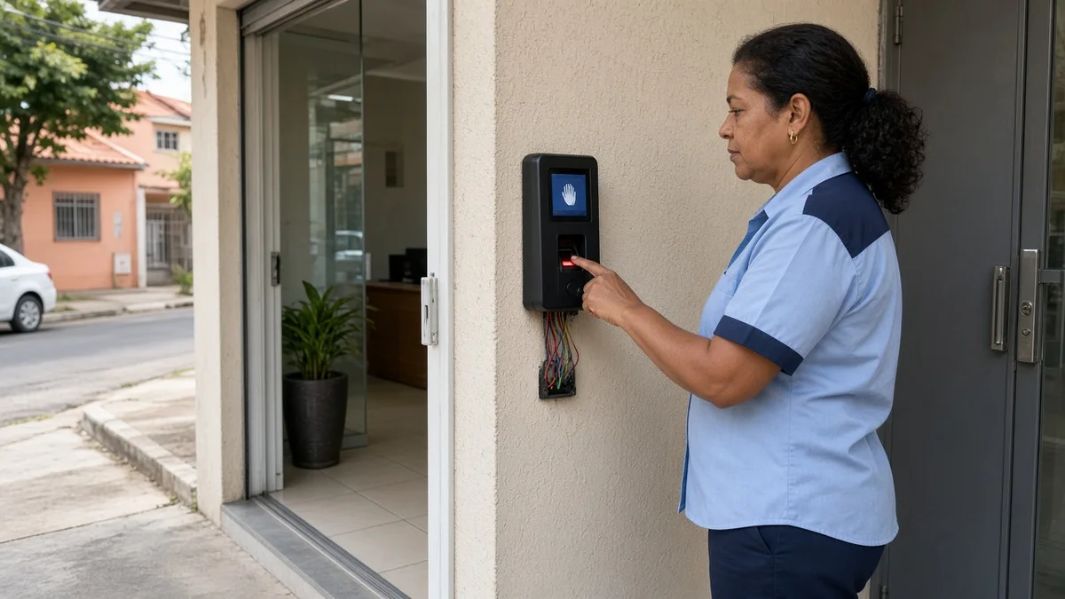 Detalhe prático: painel com leitor biometrico na fachada de entrada comercial brasileira diurna, com técnico em uniforme e ferramentas visíveis na instalação.