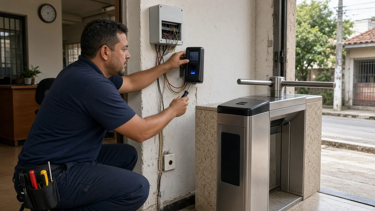 Detalhe prático: tecnico ajusta leitor biometrico e caixa do controlador ao lado da catraca, com técnico em uniforme e ferramentas visíveis na instalação.