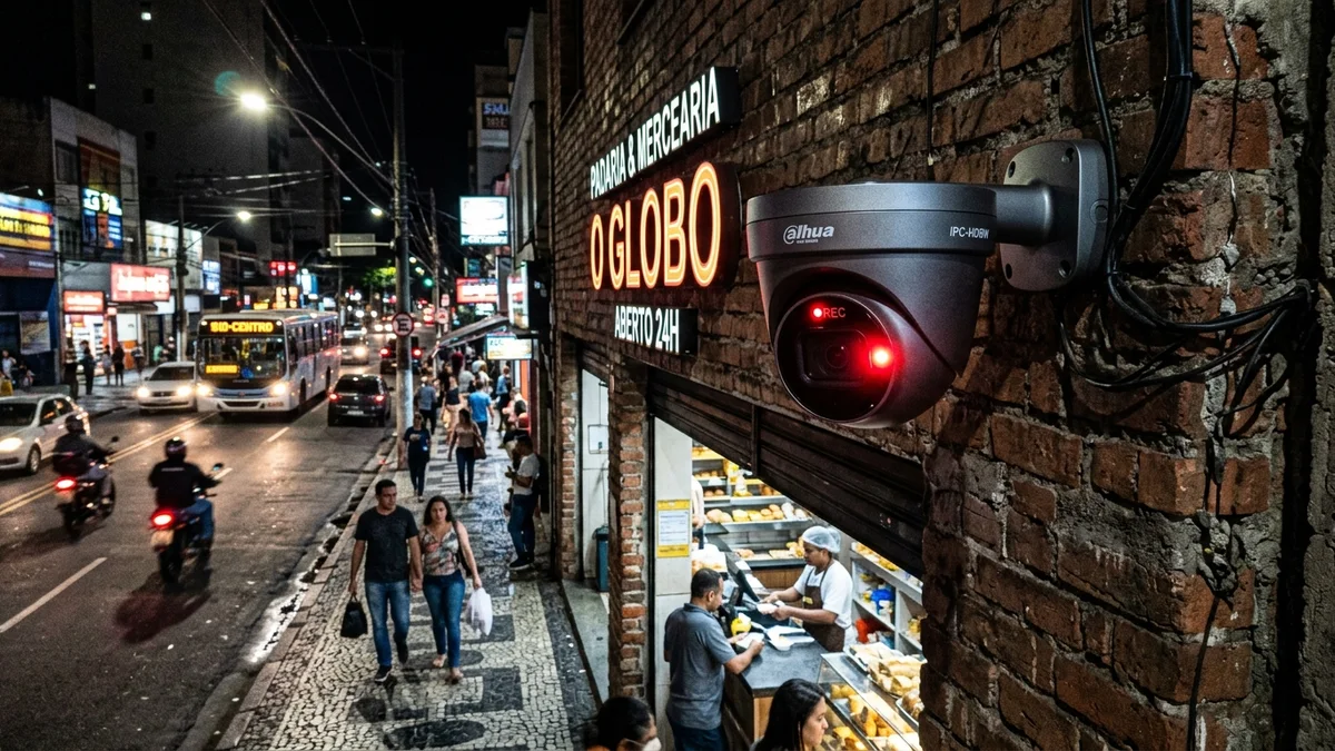 Câmera de segurança externa instalada na fachada de um comércio noturno, com luz vermelha de gravação ativa.
