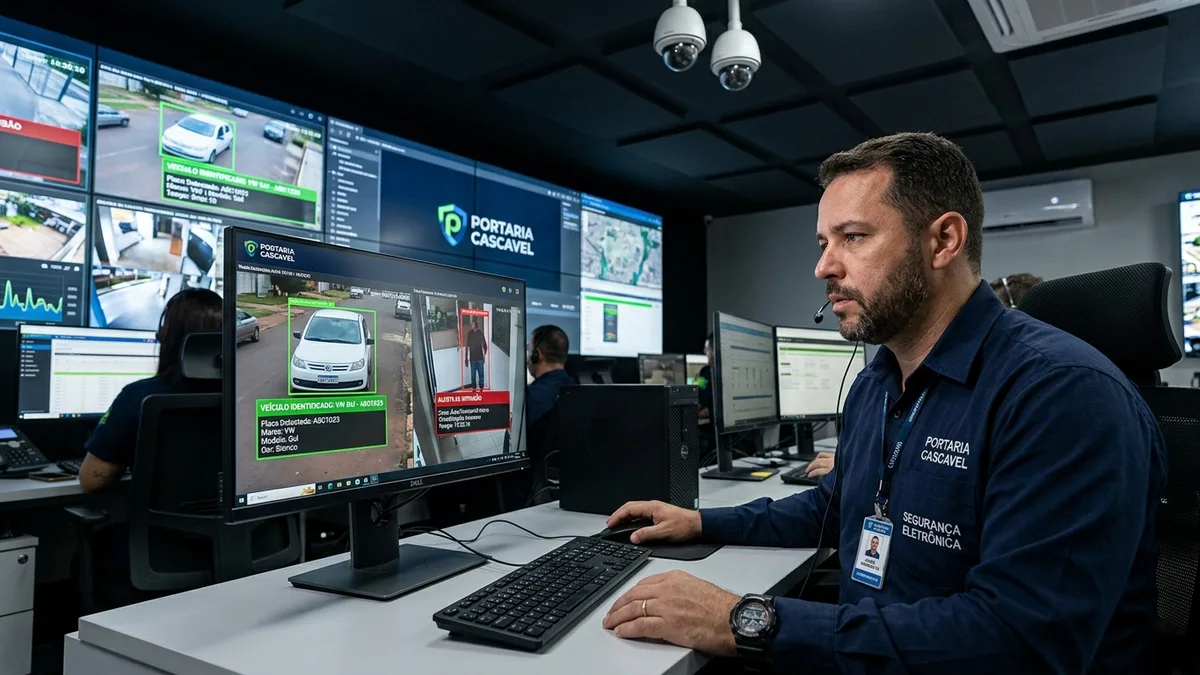 Operador de segurança analisando telas de monitoramento com inteligência artificial, identificação de veículos e intrusão.