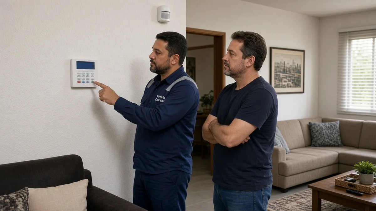 Técnico Portaria Cascavel: técnico explica painel de controle na parede com sensor de presença ao fundo, em residência brasileira com luz natural.