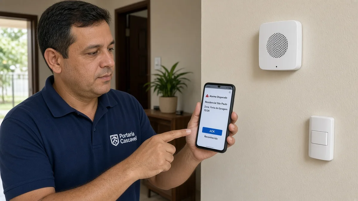 Detalhe prático: técnico mostra celular com alerta de disparo ao lado da sirene e sensor, com técnico Portaria Cascavel e ferramentas visíveis na instalação.