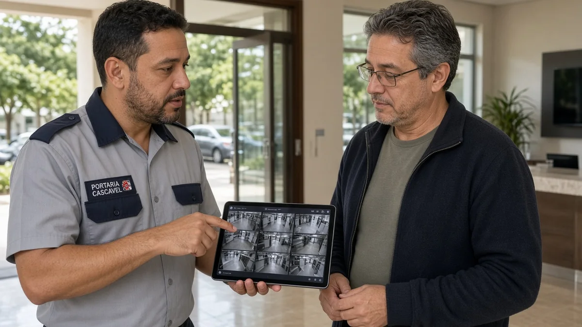 Técnico Portaria Cascavel explica ao cliente quando vale contratar central de monitoramento 24 horas em ambiente brasileiro com tablet de câmeras.