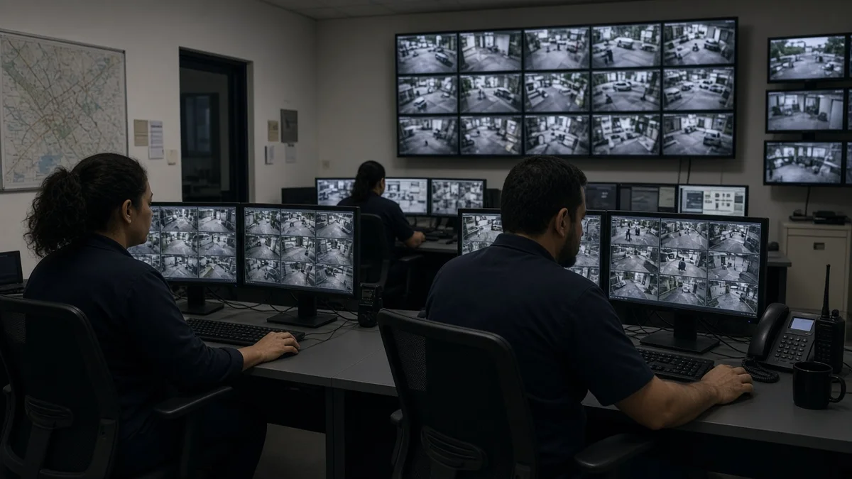 Operadores em central de monitoramento 24 horas analisam múltiplas telas de alarmes e câmeras de segurança em ambiente profissional brasileiro.