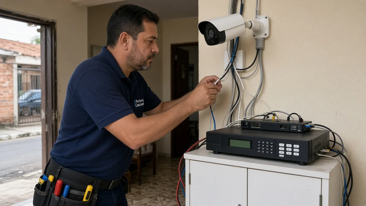 Técnico Portaria Cascavel organiza os componentes do CFTV — câmera, cabo e gravador — sobre a bancada em residência brasileira durante a instalação.