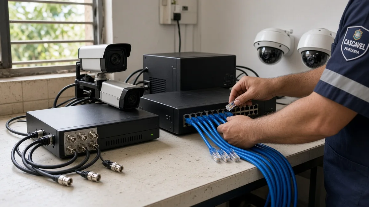 Técnico Portaria Cascavel compara na bancada um DVR com cabo coaxial BNC e um NVR com Ethernet em residência brasileira durante a instalação.