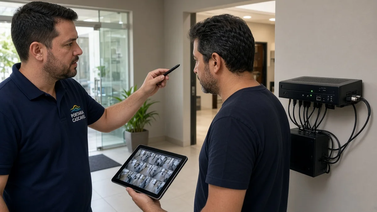 Técnico Portaria Cascavel orienta o cliente sobre escolher DVR ou NVR diante do rack de CFTV em ambiente residencial brasileiro no dia a dia.