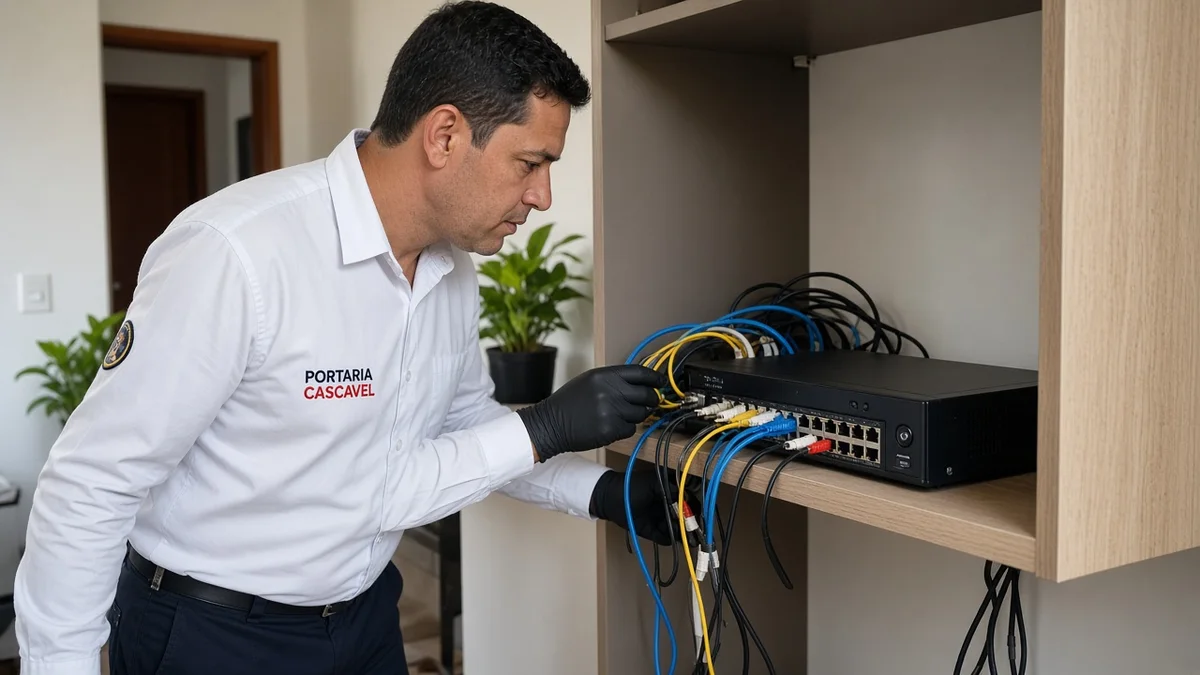 Técnico Portaria Cascavel confere gravador DVR/NVR e cabeamento em residência brasileira, com monitores e câmeras ao fundo em Cascavel e região.