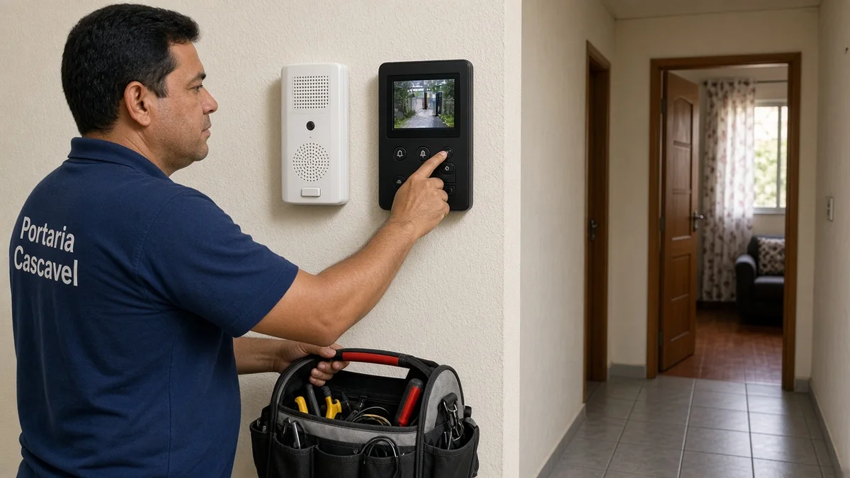 Detalhe prático de interfone, Porteiro Eletrônico e Videoporteiro: Quais as Diferenças?, com mãos ou técnico em residência brasileira e ferramentas visíveis.