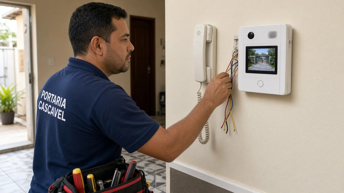 Detalhe prático de tipos de Interfone: Conheça as Principais Tecnologias, com mãos ou técnico em residência brasileira e ferramentas visíveis na instalação.