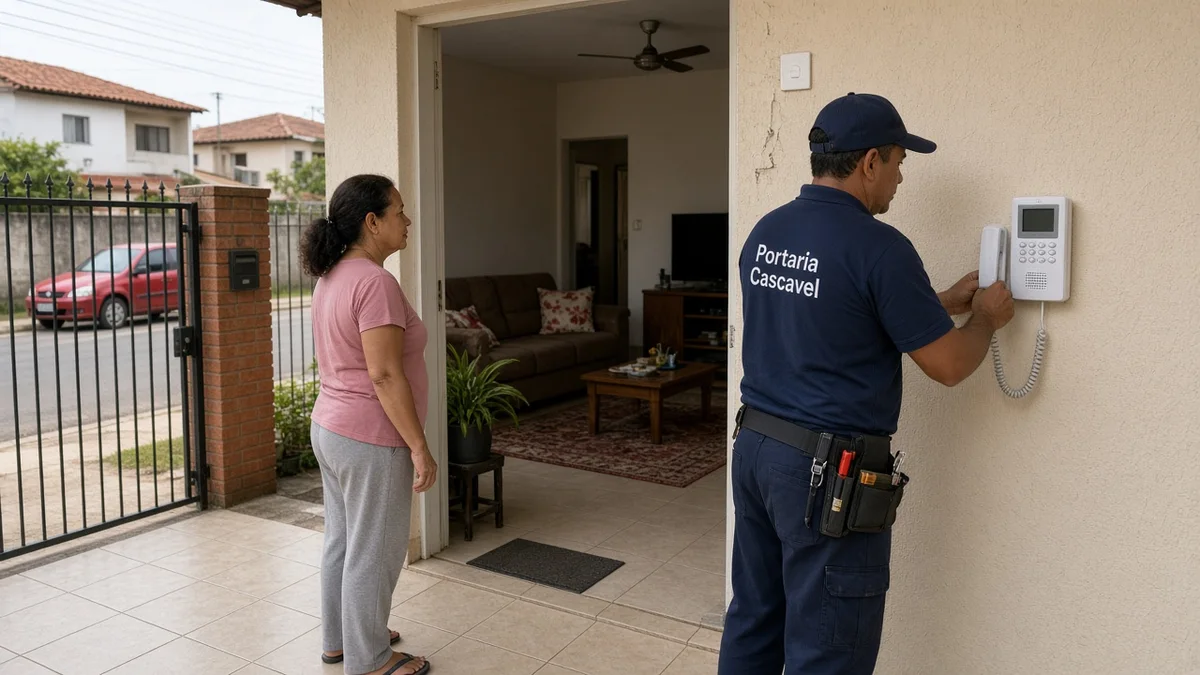 Técnico com uniforme Portaria Cascavel testa interfone na fachada de residência brasileira, com moradora acompanhando o atendimento na entrada.