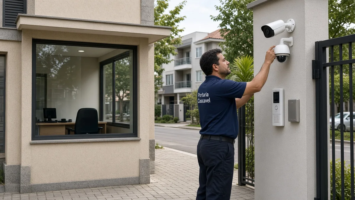 Detalhe prático de diferenças entre Portaria Presencial, Remota e Híbrida, com mãos ou técnico em residência brasileira e ferramentas visíveis na instalação.