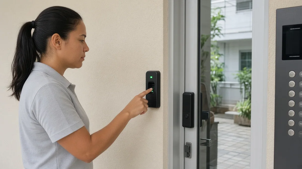 Pessoa aproxima cartao de proximidade no leitor junto a porta com fechadura eletronica em entrada comercial brasileira sob luz diurna clara.