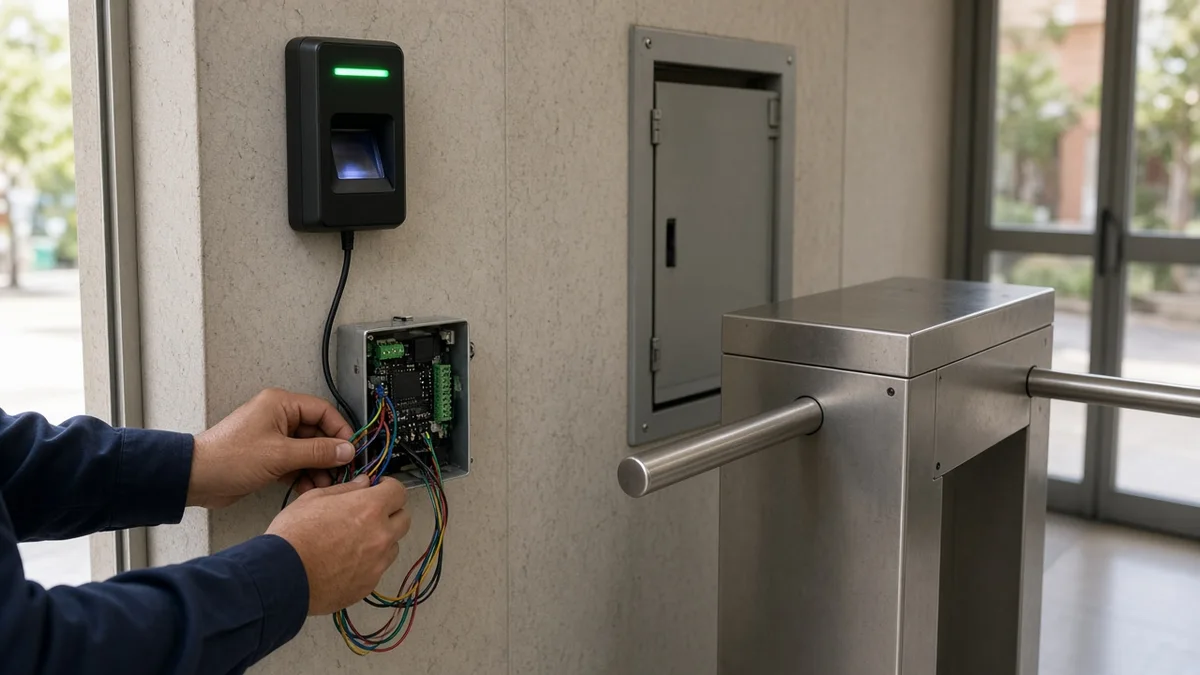 Tecnico ajusta leitor biometrico e caixa do controlador de acesso ao lado da catraca em lobby de condominio brasileiro sob luz natural diurna.