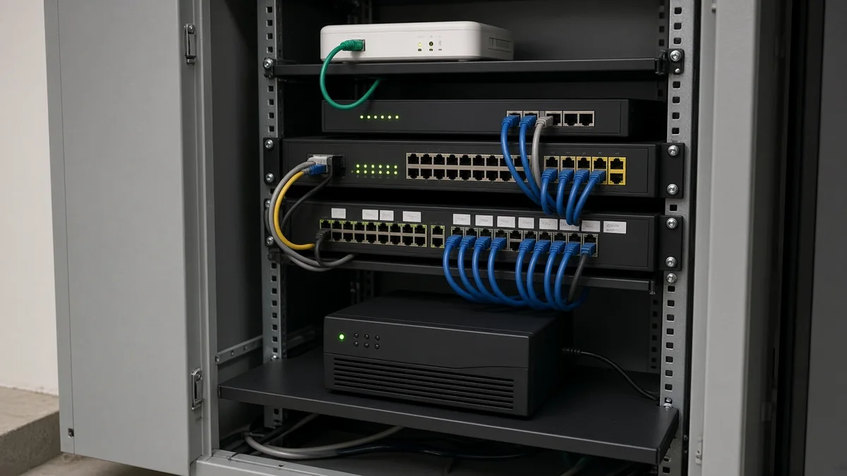 Rack de rede com modem de fibra, roteadores, switch PoE e nobreak em sala tecnica do condominio brasileiro, cabos organizados, sem pessoas no local.