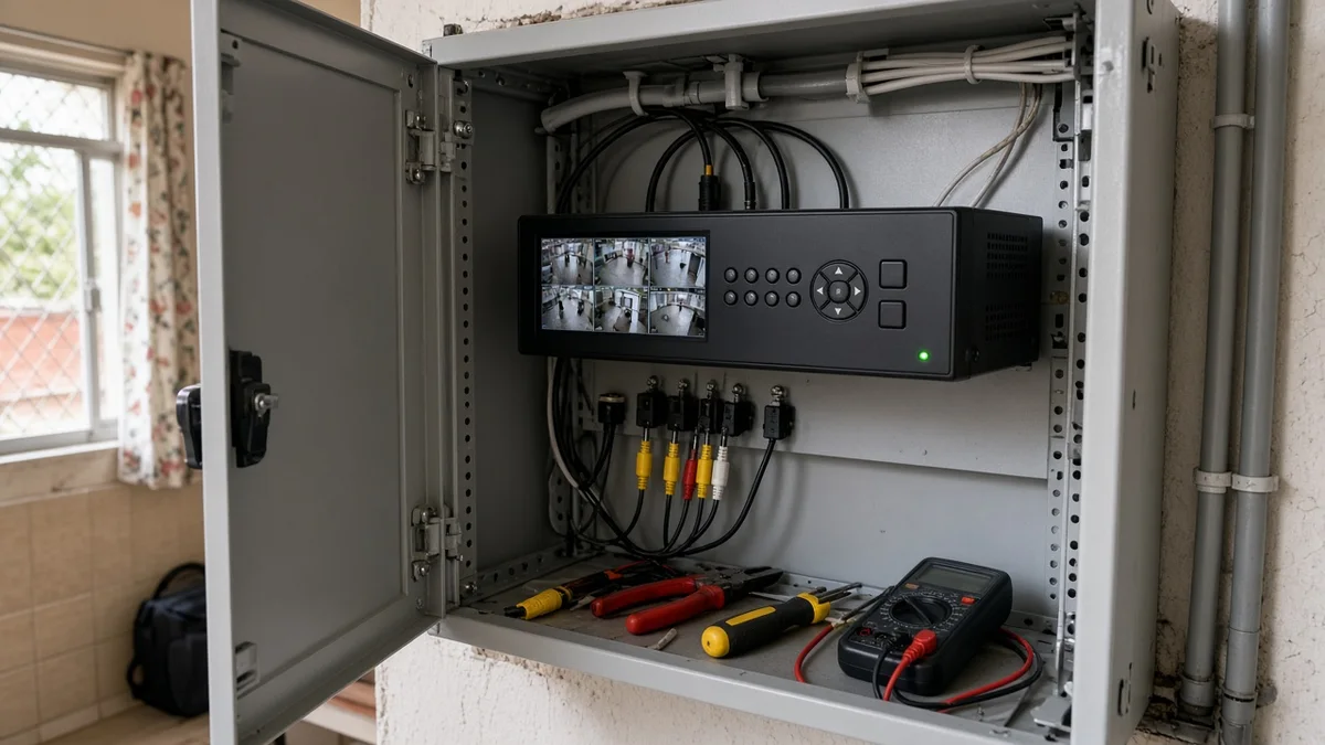 Detalhe prático: detalhe de gravador e cabos em rack de monitoramento residencial com ferramentas, com técnico em uniforme e ferramentas visíveis na instalação.